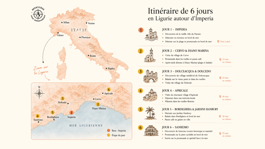 
 Itinéraire de 6 jours en Ligurie autour d'Imperia : carte et programme jour par jour (Imperia, Cervo, Dolceaqua, Apricale, Bordighera, Sanremo)