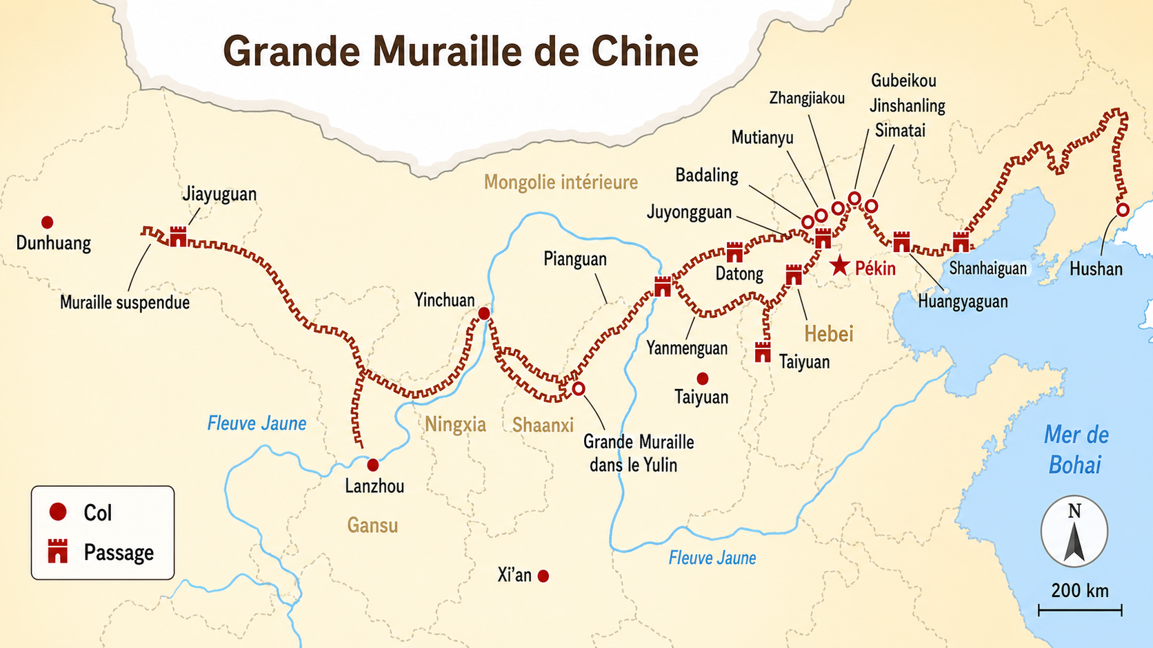 Carte des principales sections de la Grande Muraille de Chine accessibles depuis Pékin