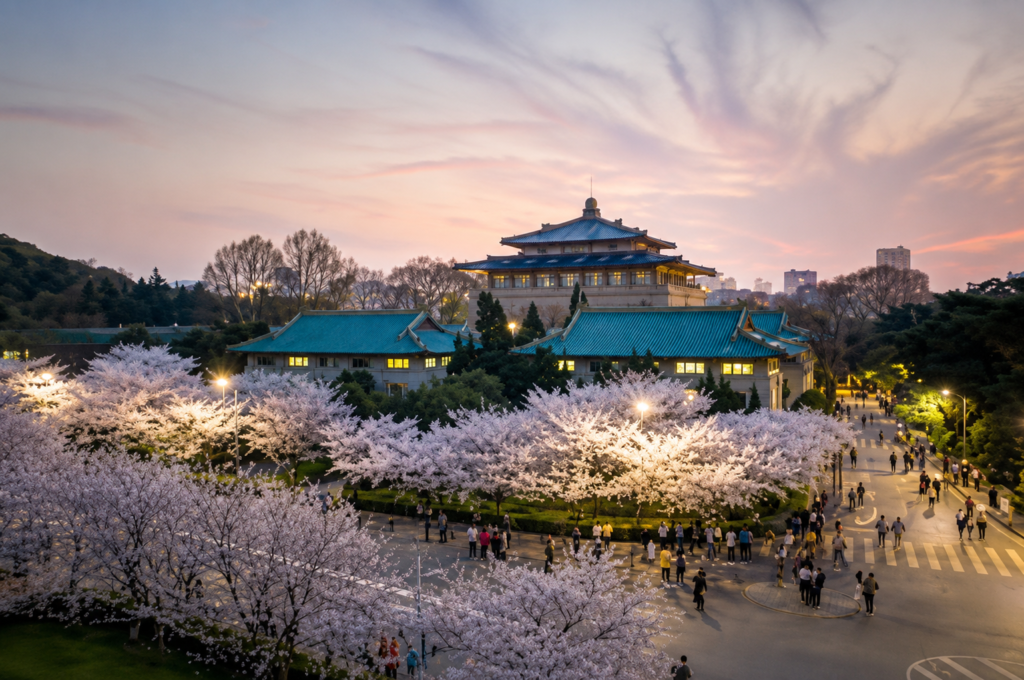 wuhan université au printemps avec cerisiers en fleurs et ciel rose en chine