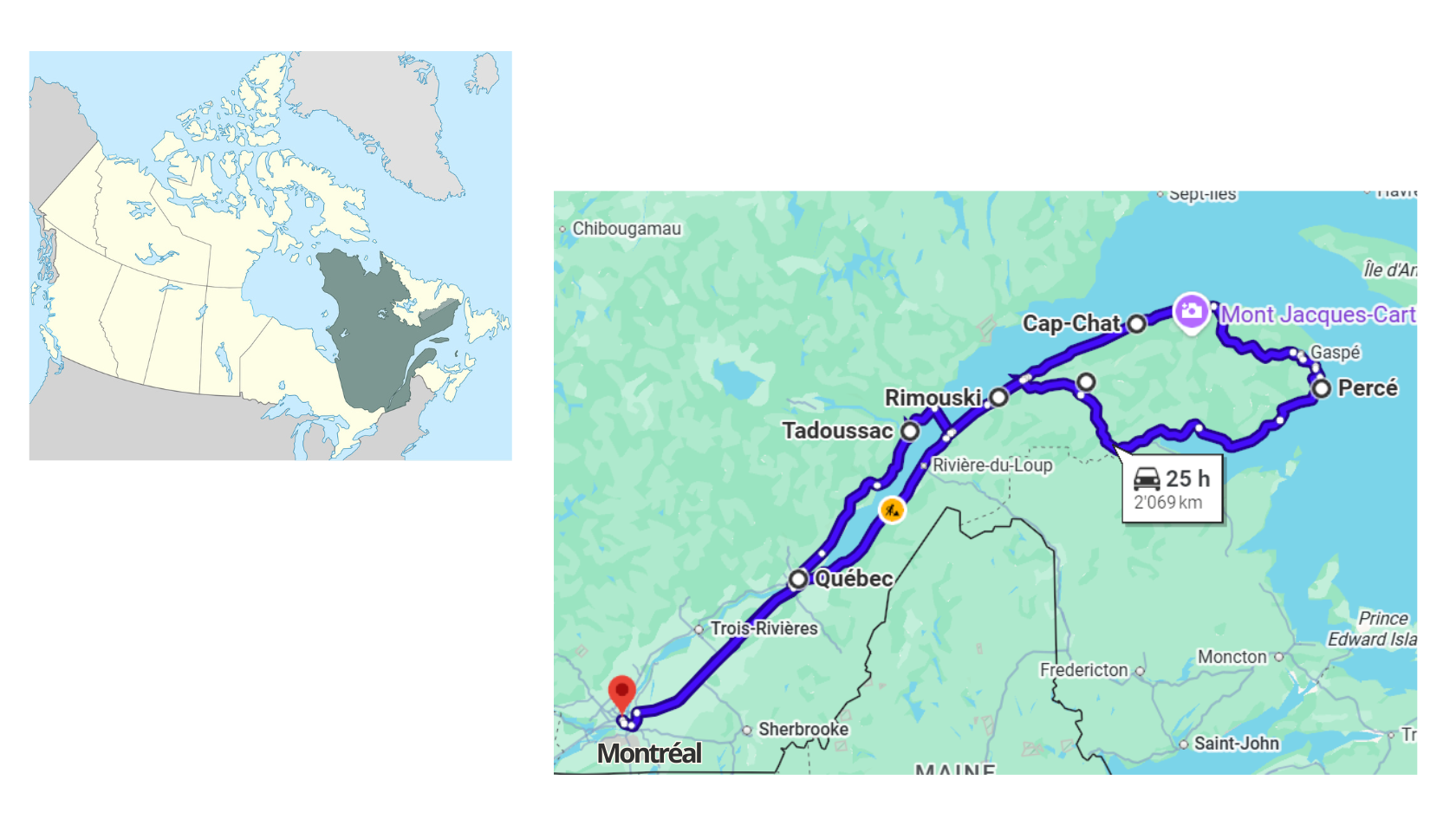 Carte de l’itinéraire de 14 jours entre Montréal, Québec, Tadoussac, Cap-Chat, Percé et Rimouski